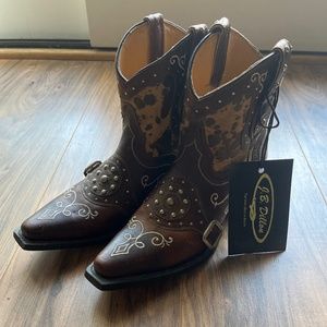 J.B. Dillon NWT Brown Leather Cow Print Ankle Cowboy Boots